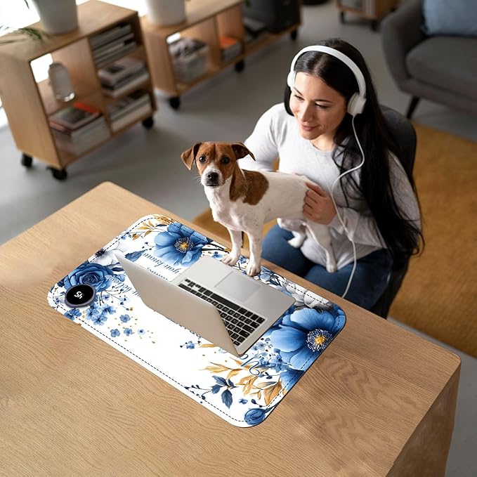 Heated Mouse Pad with 3 Temperature Settings(104°F–122°F),Large 24x14.2 Inch PU Leather Heated Desk Mat,Waterproof Warming Pad for Office,Gaming & Cold Hands Relief,Bule Flower Quotes