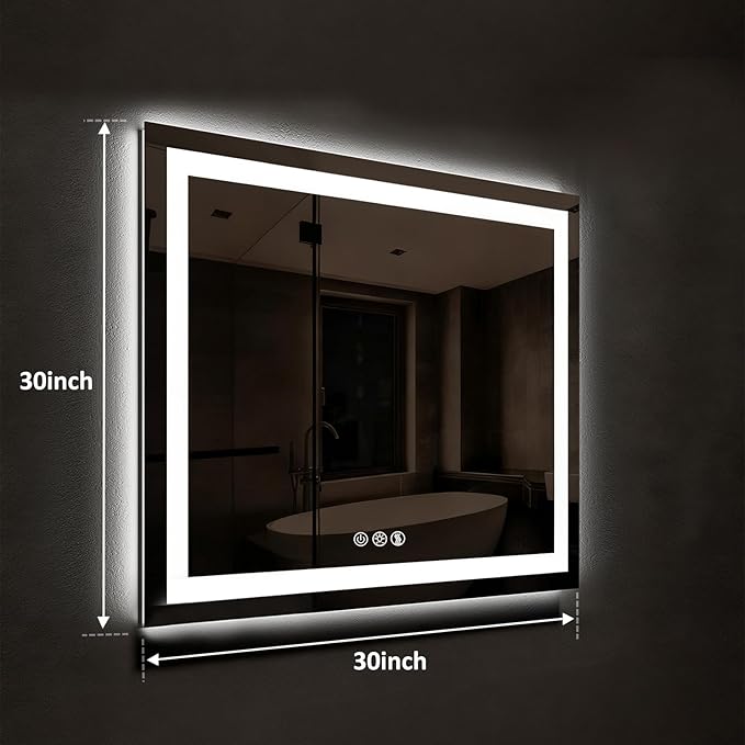 ROOMTEC 30 * 30 Inch Led Bathroom Mirror with Lights,Smart Dimmable Vanity Mirrors for Wall,Anti-Fog Backlit Lighted Makeup Mirror