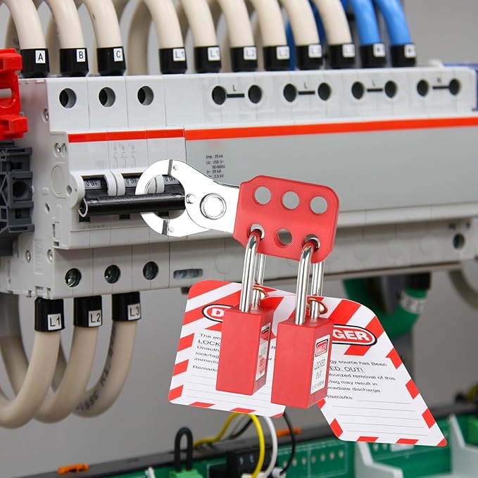Lockout Tagout Kit Electrical Loto 33Pcs - Safety Padlocks Clamp-On Circuit Breaker Lockout, Group Lockout Hasps, Lockout Tag, Universal Multi- Pole Breaker and Red Carrying Bag