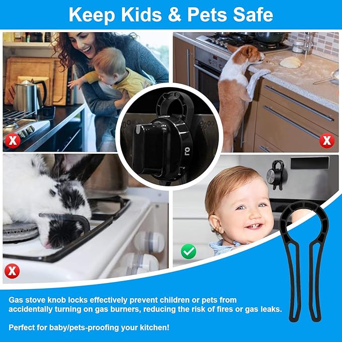 Gas Stove Knob Lock for Kids & Pets Safety,Gas Knob Lock to Effectively Prevent Accidental Touch,Easy to Install,Reusable PP Material,Fits Most Kitchen Sizes(BLACK,4PACK)
