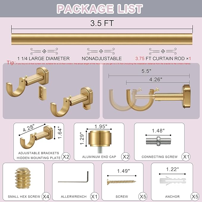 Heavy Duty Curtain Rods,1 1/4" Large Diameter Premium Nonadjustable Curtain Rod,42in/3.5ft Custom Window Treatment Rods with Durable Aluminum Brackets and End Caps,Gold Finish