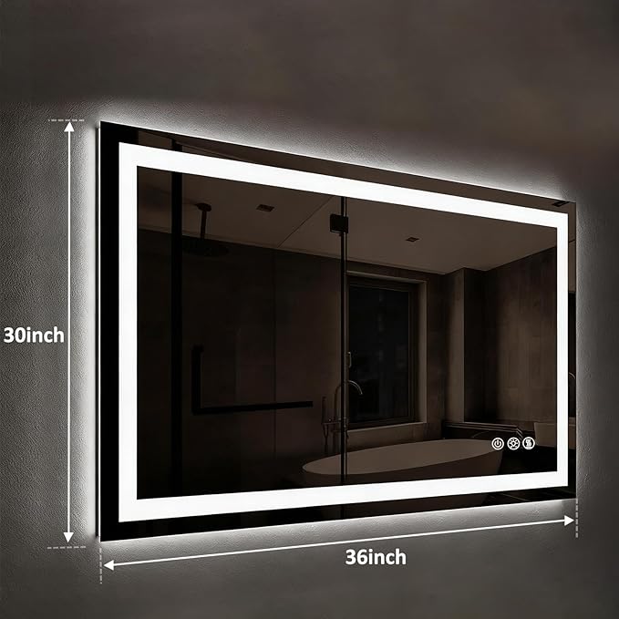 ROOMTEC 36 x 30 Inches LED Bathroom Mirror with Front and Backlit,Anti-Fog,3 Colors and Dimmable Light(Horizontal/Vertical), Silver