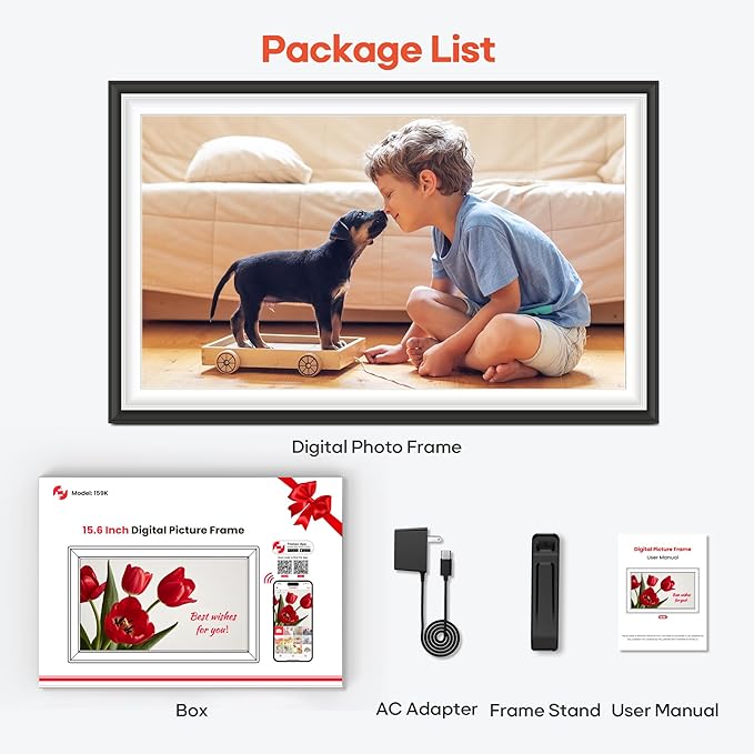BIGASUO Digital Picture Frame Frameo 15.6" WiFi Electronic Photo Frames Large with 64GB Memory 1920x1080 IPS FHD Touch Screen Share Moments Instantly Anywhere Photo Gifts for Parents and Grandparents
