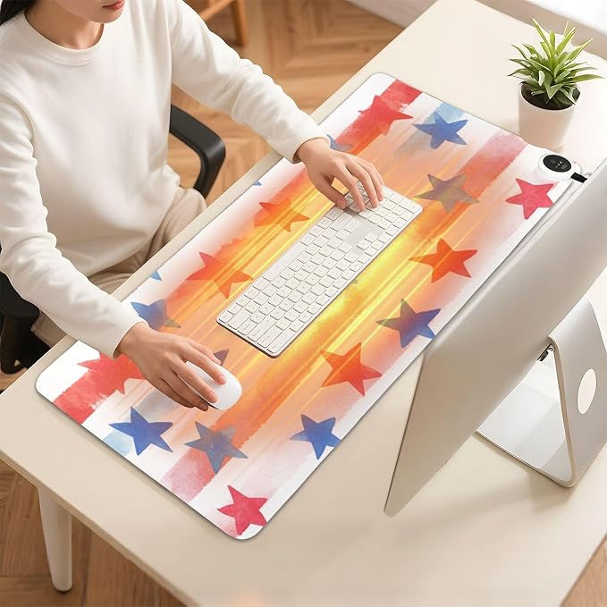 Heated Desk Pad Mouse Pad 31.5x13 Inch PU Leather Desk Mat with 3 Heat Levels Large Mouse Gaming Computer Laptop Mat July 4th Stripes Stars White