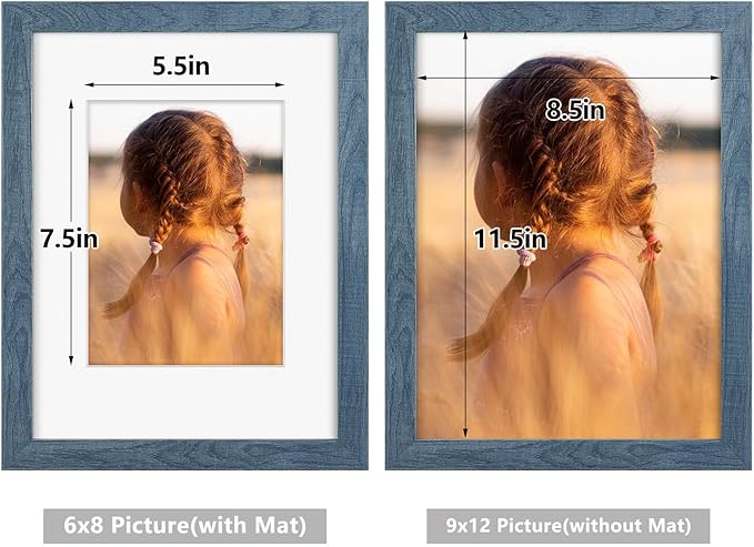 Golden State Art, 9x12 Picture Frame with Mat for 6x8 - High Definition Glass Wall Mounting Horizontal Vertical Display (Blue, 2 Pack)