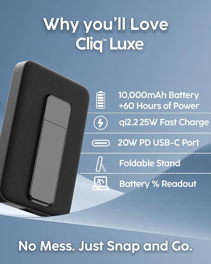 myCharge CliqLuxe 10,000mAh Wireless Magnetic Power Bank - Qi2.2 25W Ultra-Fast Wireless Charging | Foldable Metal Stand | 20W PD USB-C Port | Digital Battery Display | Premium Black Fabric