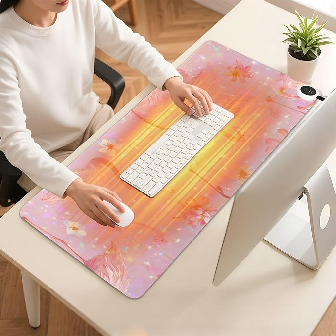Heated Desk Pad Mouse Pad 31.5x13 Inch PU Leather Desk Mat with 3 Heat Levels Large Mouse Gaming Computer Laptop Mat Pink Gradient Flamingo and Petals