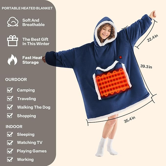 JOYWOO Wearable Heated Blanket Hoodie,Oversized Cordless Portable Heating Hooded Blanket Cat Lovers,Christmas Gifts for Women,Men,Cozy Sherpa Sweatshirt Electric Blankets Throw for Adult Outdoor,Navy