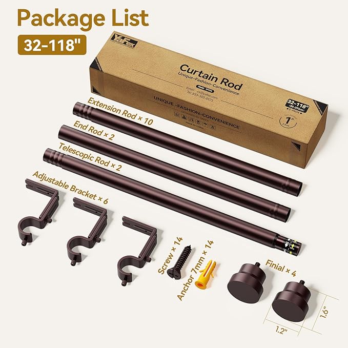 Yafex Curtain Rod 2 Pack 32-118 Inch, Heavy Duty 1 Inch Curtain Rod, Antique Bronze Long Adjustable Window Treatment Rods,Modern Design, Easy Installation