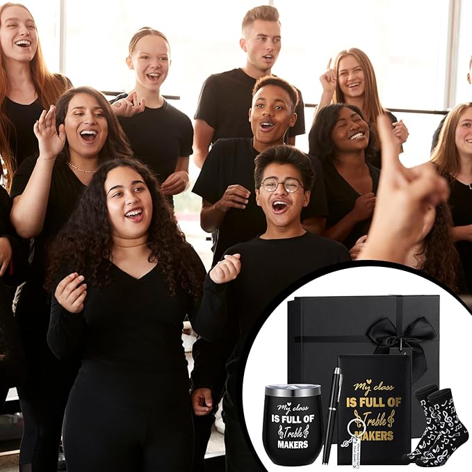 6 Pcs Music Teacher Band Teacher Gifts for Men My Class Is Full of Treble Makers 12 oz Stainless Steel Cup Socks Keychain Pen Notebook Box for Christmas Musicians Musical Lovers Gift