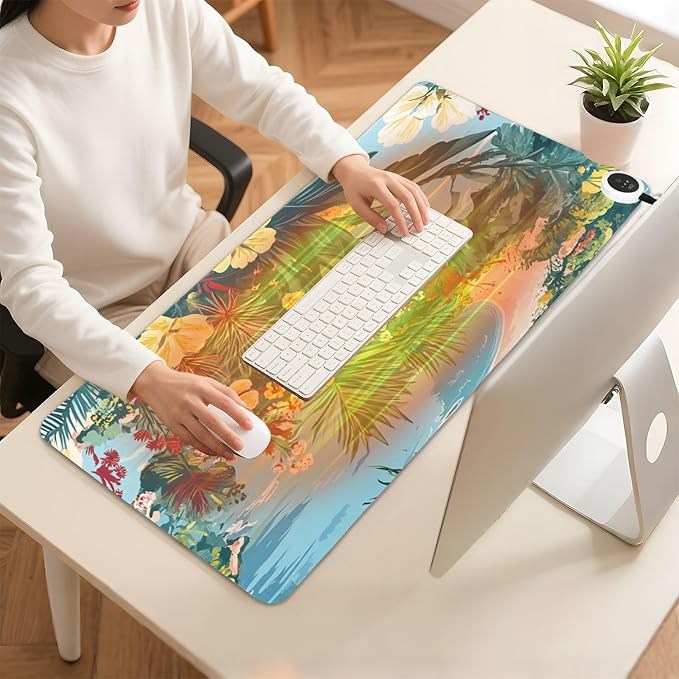 Heated Desk Pad Mouse Pad 31.5x13 Inch PU Leather Desk Mat with 3 Heat Levels Large Mouse Gaming Computer Laptop Mat Coastline Hibiscus