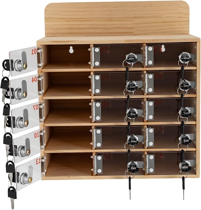 15 Slot Lockable Cell Phone Locker Box, Wall-Mounted/Freestanding Clear Acrylic & Wood Cell Phone Storage Cabinet with Door Locks and Keys for Classroom, Office, and School Employees