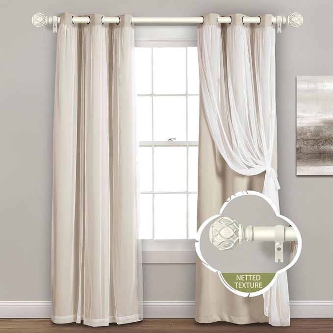 White Farmhouse Curtain Rods for Windows:72-144" Heavy Duty Adjustable Curtain Rod for Bedroom Living Room,Boho Decorative Rustic Drapery Rods with Vintage Coastal Texture Finial,Antique White