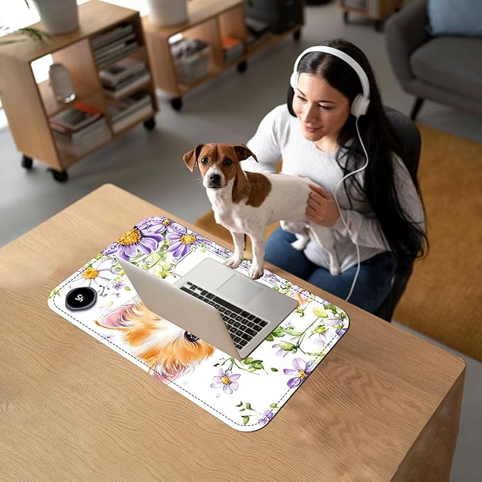 Heated Mouse Pad with 3 Temperature Settings(104°F–122°F),Large 24x14.2 Inch PU Leather Heated Desk Mat,Waterproof Warming Pad for Office,Gaming & Cold Hands Relief,Cute Cat Flower