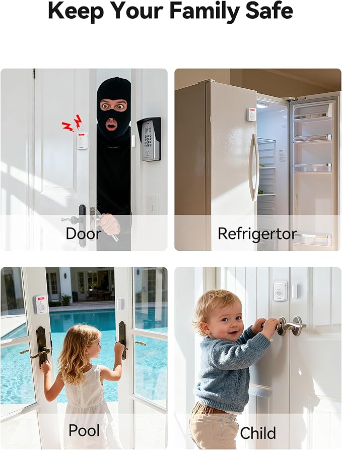 TECKNET Door Alarms for Kids Safety, Window Alarm with Smart Voice Alert, 4-Level Adjustable Volume, Refrigerator Sensor Pool Alarm Door Alarms when opened for Home Security、Fridge、Garage and Basement