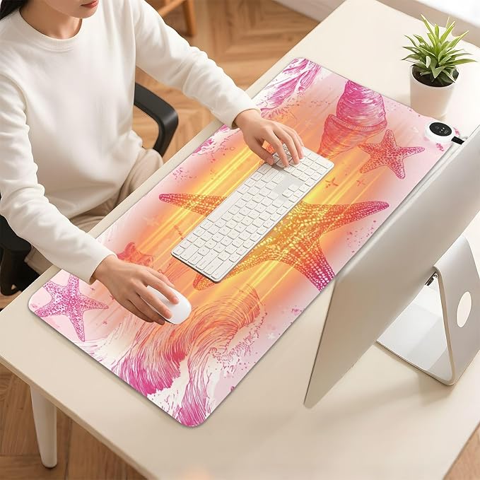 Heated Desk Pad Mouse Pad 31.5x13 Inch PU Leather Desk Mat with 3 Heat Levels Large Mouse Gaming Computer Laptop Mat Bright Pink Starfish Waves Shells
