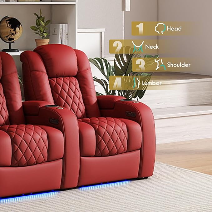 Weilianda Home Theater Seating Top Grain Leather Zero Gravity Recliner Chair Power Headrest Recline Movie Seat Gaming 7 Colors Mood Light Sofa with Tray Table USB Charge Row of 3 Red