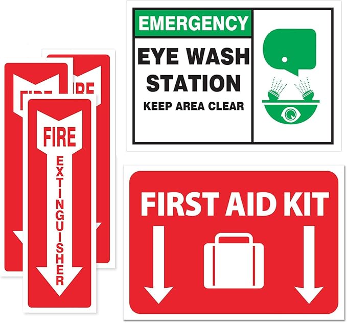 Emergency Safety Sticker Sign | FULL SET | Fire Extinguisher Arrow | Eye Wash Station | First Aid | OSHA Requirement (5-pack)