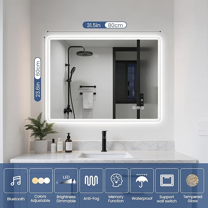 STARLEAD 24"x32" LED-Bathroom-Mirror-with-Lights, Wall-Mounted with Bluetooth Speaker, Anti-Fog, 3 Color Temperature, Dimmable Brightness, Waterproof, Tempered Glass, Frontlit & Backlit