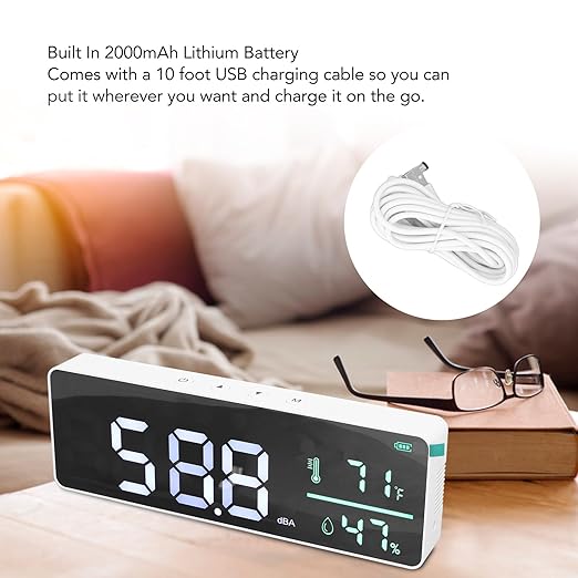 3 in 1 Decibel Meter, Sound Level Reader, Humidity and Temperature Monitor 30-130dBA - LED Display, Sensor, Ideal for Indoor and Outdoor Use