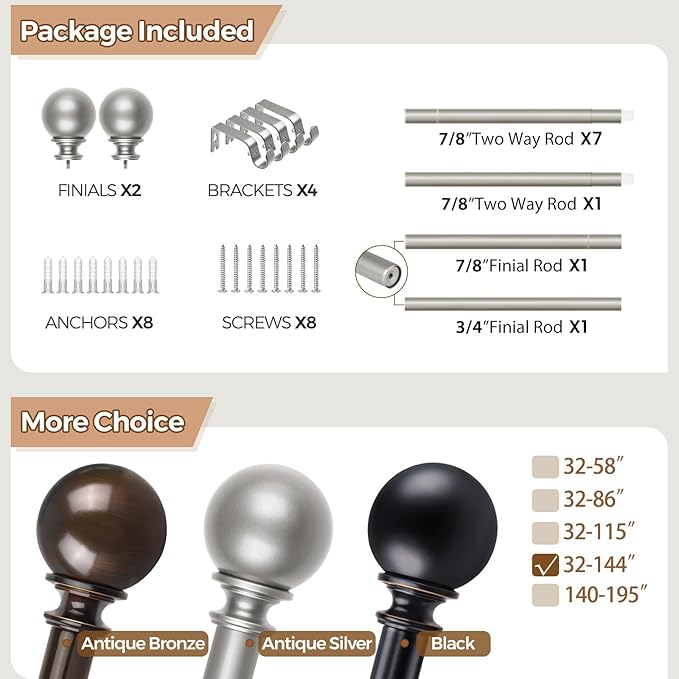 KAMANINA Long Curtain Rods for Windows 72 to 144 Inches, Silver Curtain Rod 32 to 144 Inches (2.6-12ft), 7/8 Inch Decorative Drapery Rods with Round Finials