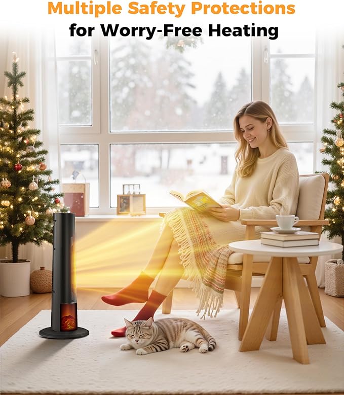 Tower Heater for Indoor Use - 25" Portable Space Heater with 3D Flame, Remote, Adjustable Thermostat, 2 Heat Modes, Multiple Safety Protection, 12H Timer, Quiet Electric Heater for Large Room