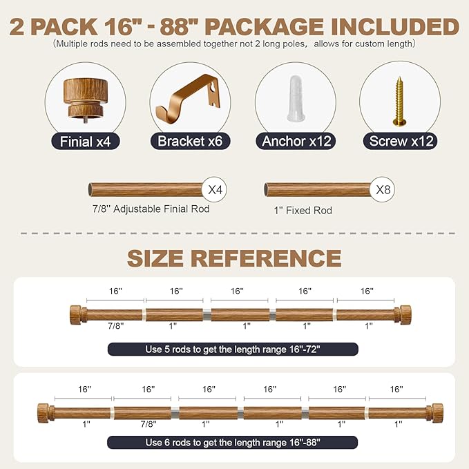 2 Pack Wood Curtain Rods for Windows 48 to 84 Inches 1" Diameter Boho Decorative Heavy Duty Window Curtain Rod Set Adjustable with Solid Imitation Wood Grain Finials for Living Room Bedroom Kitchen