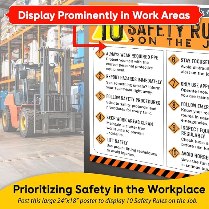 10 Safety Rules on the Job Poster 2026 Version – 18x24 Durable Laminated Safety Sign, Tear-Resistant, Waterproof Workplace Safety Poster for Industrial and Construction Settings (Pack of 5)