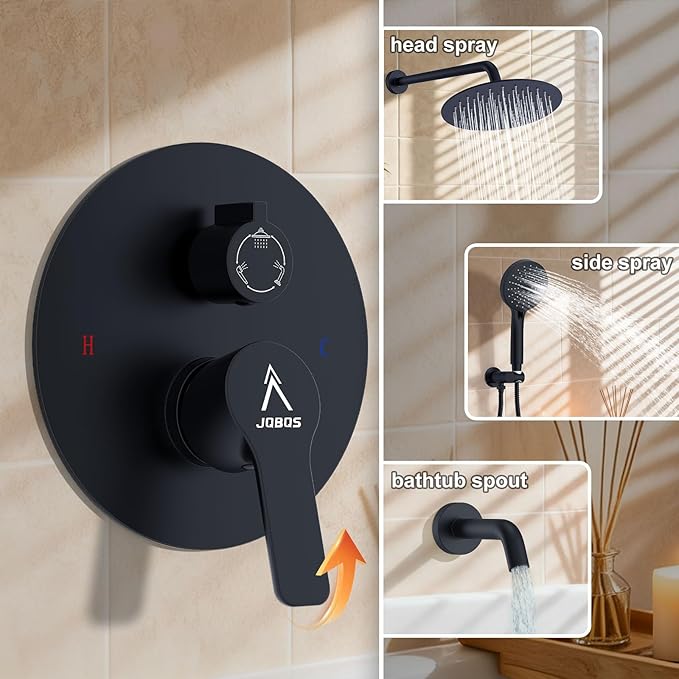 3 Functions Shower System,Modern Three-Setting 10-Inch Round Rain Shower Head and Faucet Set,Shower Faucet Set Complete Rough-in Valve and Trim Kit Included(Matte Black)