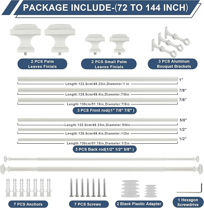 Double Wood Curtain Rods for Windows 72 to 144 Inches,1 Inch Decorative Wooden Curtain Rod with Square Imitation Wood Grain Finials and Double Aluminum Bouquet Bracket, Antique White