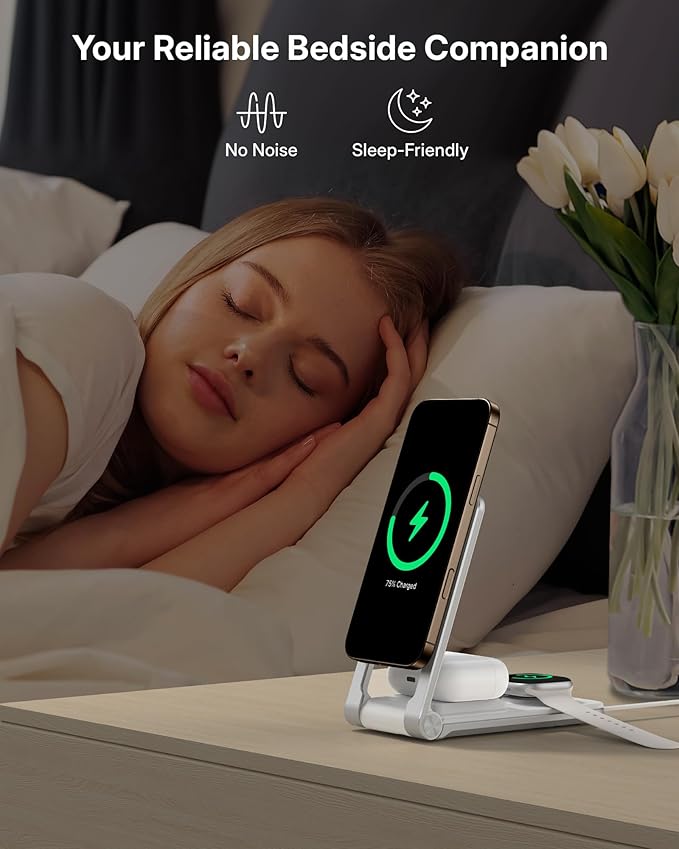 Wireless Mag-Safe Charger Stand for iPhone 17 Pro Max, 3 in 1 Charging Station for Multiple Devices, Metal Foldable Travel Charger for Apple Watch & AirPods, Built-in Retractable USB-C Cable, White