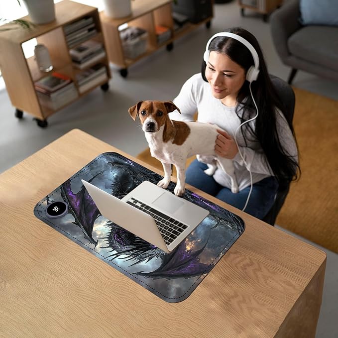 Heated Mouse Pad with 3 Temperature Settings(104°F–122°F),Large 24x14.2 Inch PU Leather Heated Desk Mat,Waterproof Warming Pad for Office,Gaming & Cold Hands Relief,Dark Dragon Fantasy