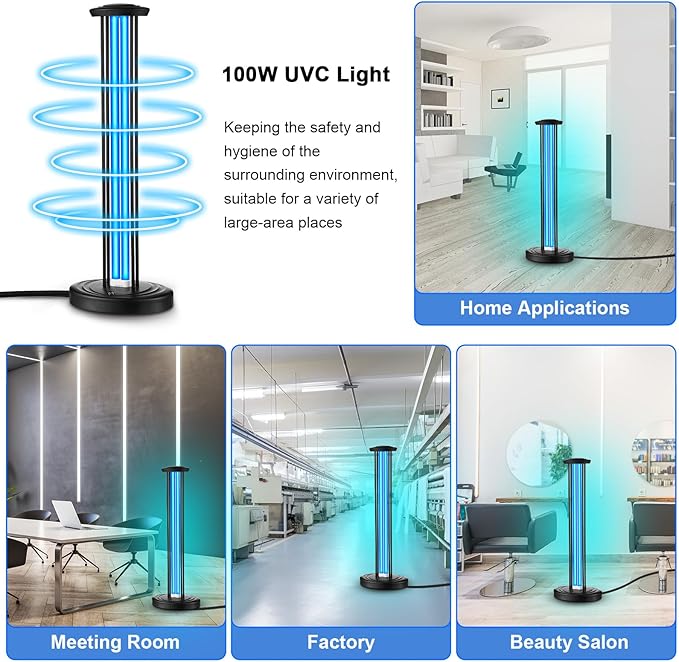 Qualirey 100W UV & Ozone Sanitizer with UV Light Glasses, High Power Room Disinfection Light with 3 Level Timer & Remote, Whole Room Disinfection for Large Spaces, Offices & Basements