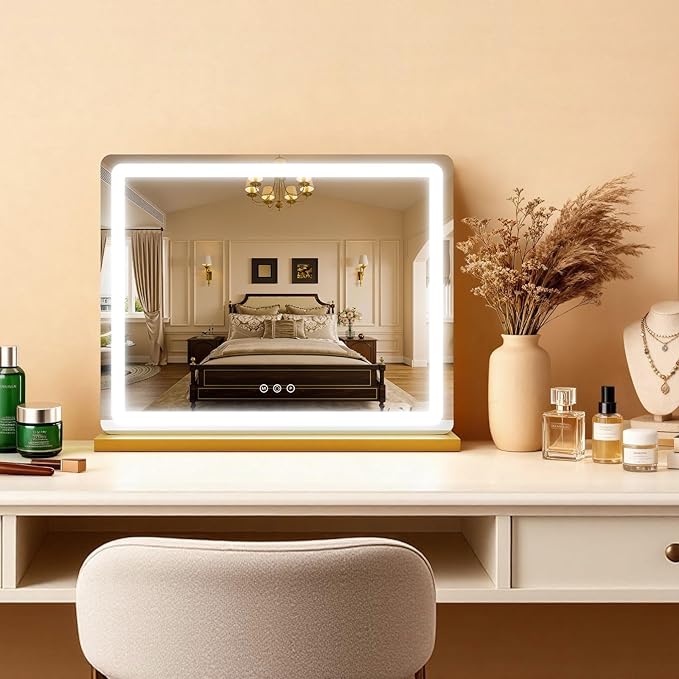 ROLOVE Vanity Mirror with Lights 23x18 Inch, Gold Lighted Makeup Mirror, 3 Color Modes, Smart Touch Dimming, Large Vanity Mirror for Desk, Bathroom, Wall