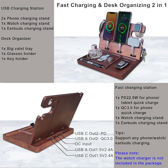 Wood Phone Docking Station for Men Nightstand Organizer Charger with 4 USB PD & QC3.0 Fast Charging Station for Multiple Devices iPhone Samsung Google Android Anniversary Birthday Gifts for Him