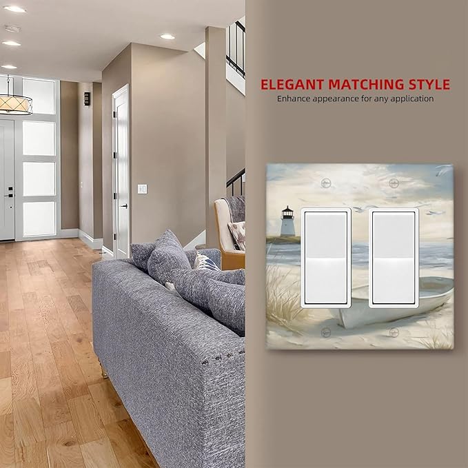 Decorative Outlet Covers Seascape Painting with Lighthouse Boats 2 Gang Wall Plate Double Rocker Light Switch Cover Double Switch Plate Cover for Bedroom Home Decor(2 Pack)