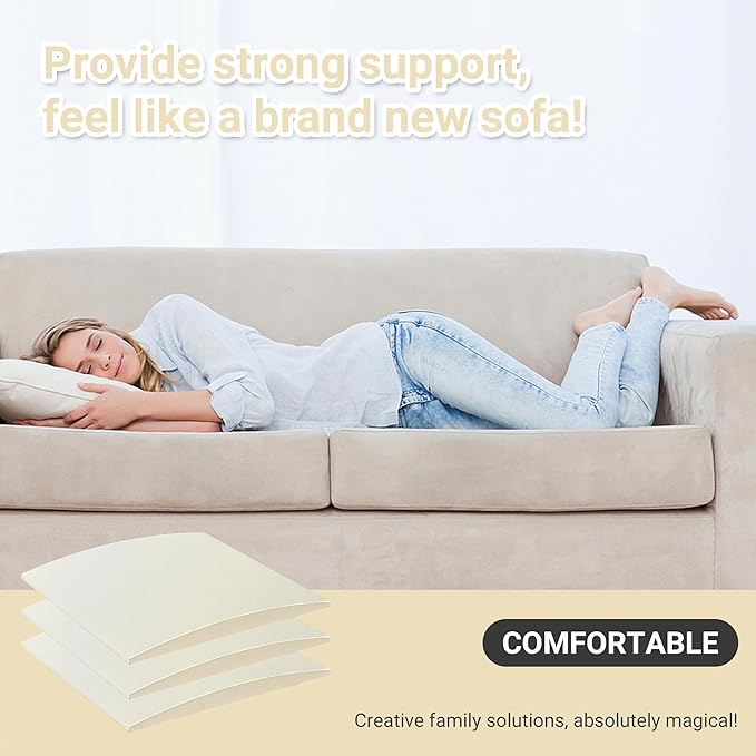 Couch Cushion Support for Sagging Seat, High Density Foam Sofa Support Replacement for Furniture, Curved Couch Supporter for Under The Cushions, Beige Set of 3