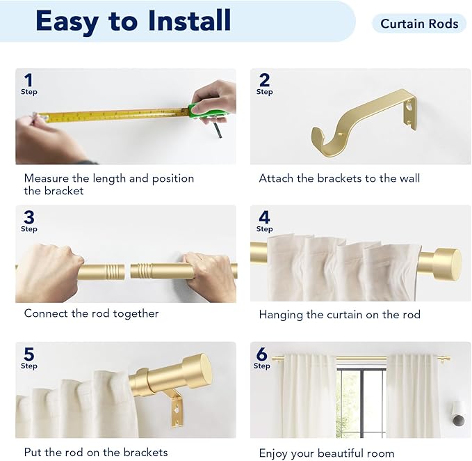 2 Pack Curtain Rods for Windows 72 to 144 Inch, 1 Inch Gold Curtain Rods Set, Adjustable Heavy Duty Outdoor Curtain Rod for Patio Bedroom, Drapery Rods with End Cap, Size 32"- 150"