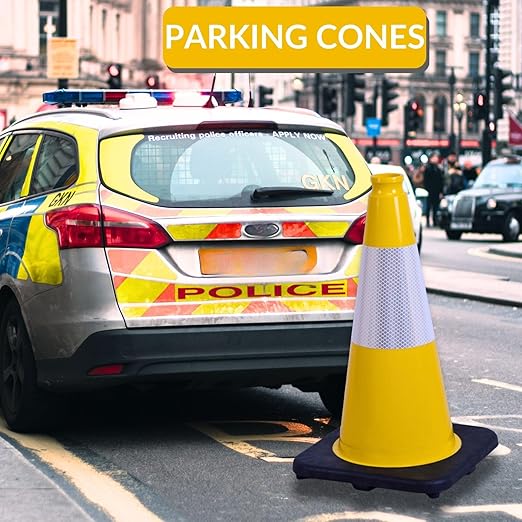 BESEA 8Pack 18 Inch Yellow Traffic Cones with 6 Inch Reflective Collar, Heavy Duty PVC Safety Cones with 10.5 x 10.5 Inch Base for Parking, Driving Practice, Sports Training, and Construction