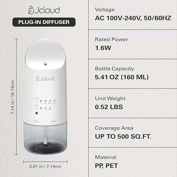 JCLOUD 2025 Plug in Diffuser for Essential Oils, Waterless Scent Diffuser Cover Up to 500 Sq. Ft. for Home, Office, Spa – Portable Smart Wall Diffuser 160ML, White