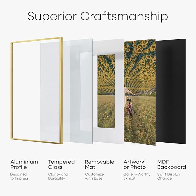 Homeforia 10x30 Picture Frame Gold, High End Metal 10x30 Poster Frames with Mat 8x24 inch Photo, 10 x 30 Gold Frames Matted to 8 by 24 Print, 30x10 Panoramic Frames, Tempered Glass, Wall Kit, Set of 1