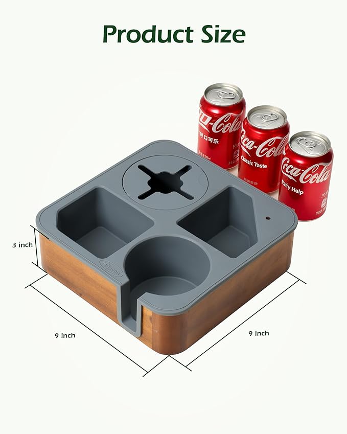 Couch Cup Holder Tray, Acacia Wood Couch Caddy With Cup Holder, Non-Slip Couch Organizer for Drinks, Snacks Remotes, Rounded Corners And Mug Slot Black