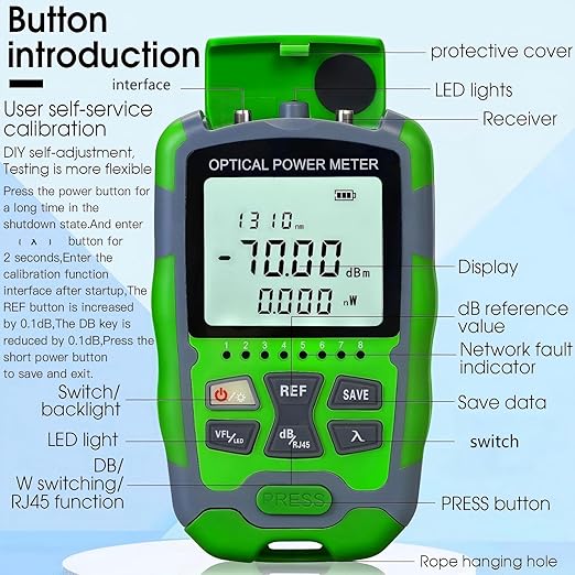 Dry Cell A-M70 OPM Portable Fiber Optic Power Meter Integrated Machine 50 (FC/SC/ST) & RJ45 Network Test Portable Fiber Optic Tester ‑70 to +10 1pc FC to LC Adapter