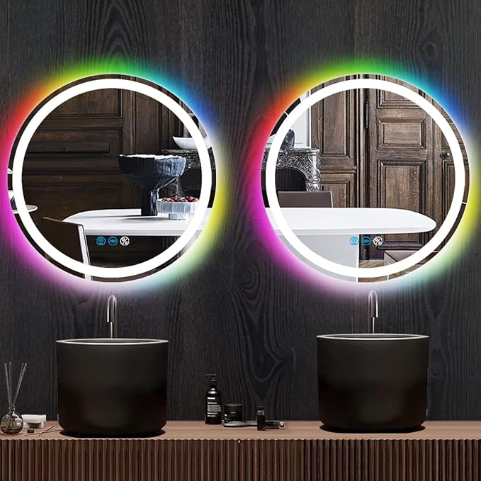THEKLA 20 Inch Bathroom Round Led Mirror with Lights 3Color + RGB Colorful Changing Backlit Circle Round Lighted Vanity Mirror with Lights for Bathroom Wall Dimmable Anti Fog Round Circle Smart Mirror