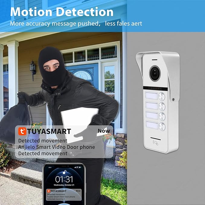 ANJIELO SMART Wired Video Doorbell Apartment Intercom System,4 Family Units 10 Inch Touch Monitor,3 in 1 Unlocking,Dual Way Intercom Motion Detection Tuya for Villa Home (1 Doorbell(w)+ 4 Monitor(b))