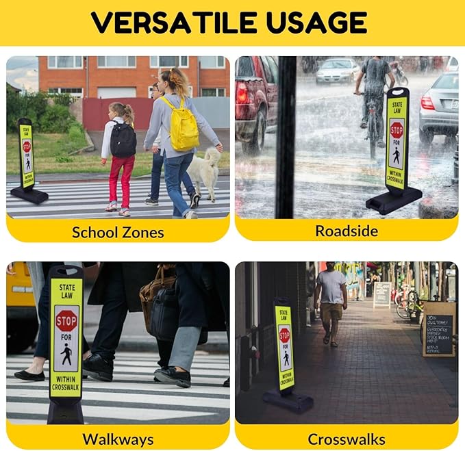 2-Pack Pedestrian Crosswalk Signs 44" Double-Sided Stop for Pedestrians Signs with Fillable Water Bases, Heavy-Duty Safety Cones for Streets, Parking Lots, and School Zones