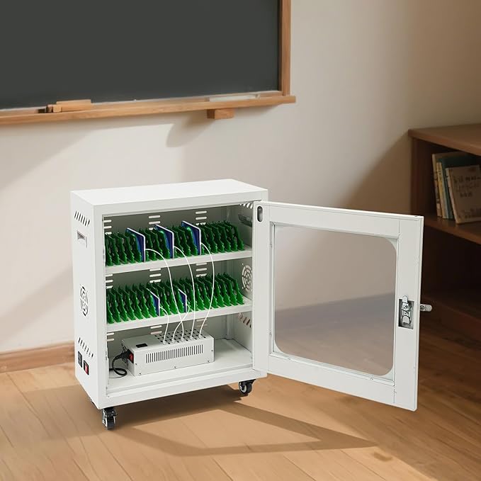 40-Port Mobile Phone Charging Station Cart - Heavy Duty Charging Cabinet for Schools & Offices, 400W Rechargeable Cellphone Locker Storage Lockable Tempered Glass Door & Wheels (White)