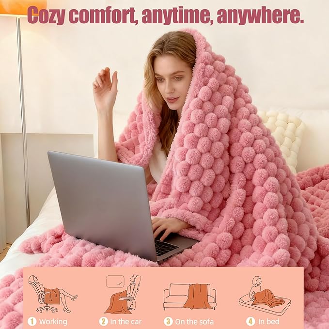 Electric Blanket 50" x 60" Soft Ribbed Faux Fur Flannel Quick Heat 12 Heat Levels 1-12 Hour Timer & Overheat Protection & Auto Shut Off & ETL FCC (Blush Pink, Throw 50" x 60")