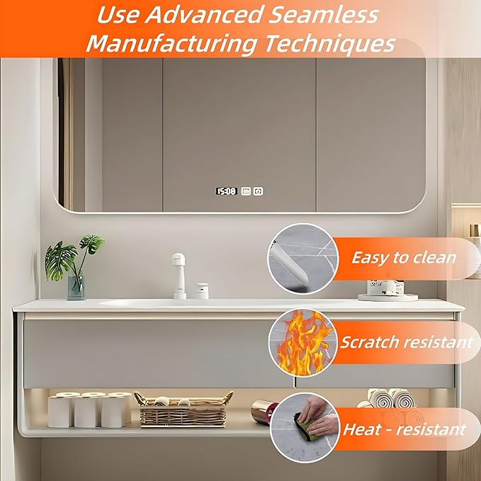 56IN Grey Bathroom Vanity Set - Floating Bathroom Vanity with Single Sink | Including LED Smart Defogging Mirror Cabinet & Time Display Function, Equipped with Motion Sensing Light Strip (Style A)