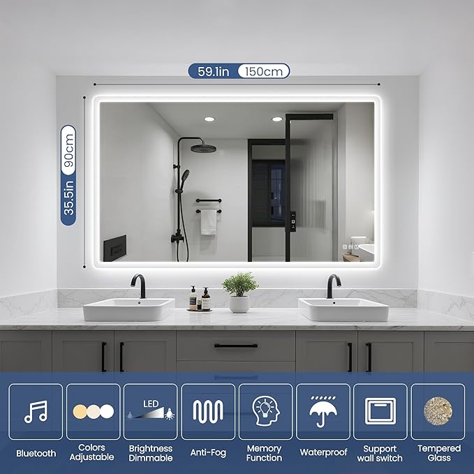 STARLEAD 59"x36" LED-Bathroom-Mirror-with-Lights, Wall-Mounted with Bluetooth Speaker, Anti-Fog, 3 Color Temperature, Dimmable Brightness, Waterproof, Tempered Glass, Frontlit & Backlit